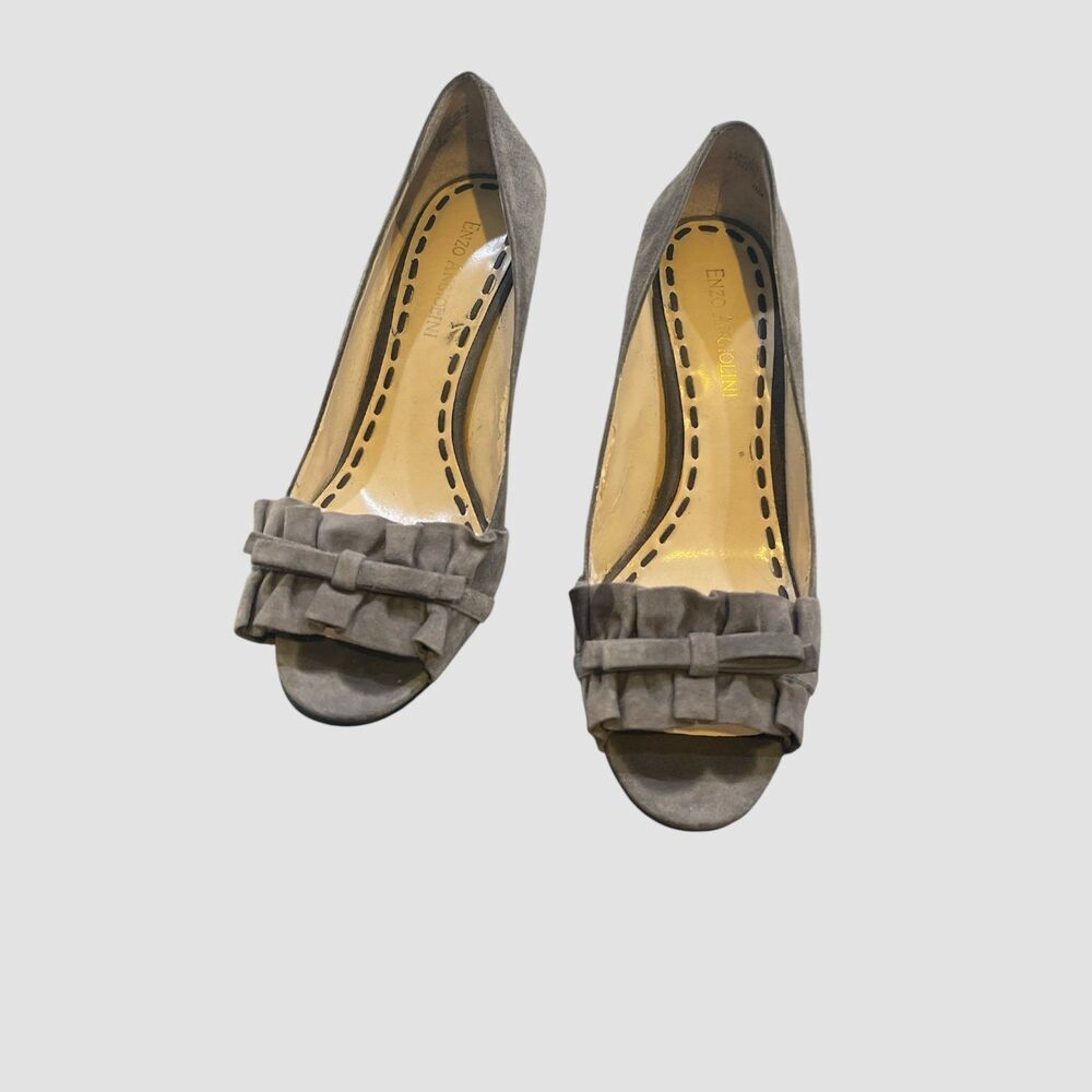 Enzo Angiolini Gray Suede Ruffle Peep Toe Heels Pumps Stiletto Women’s Size 6M